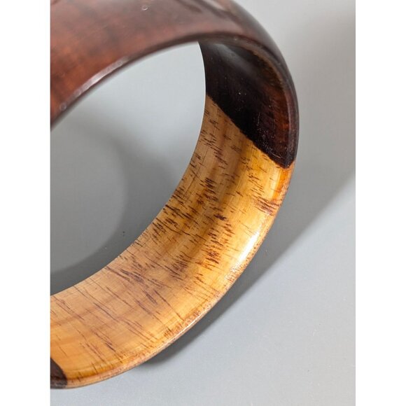 Retro Wood Bangle Bracelet Colorblock Light Dark 8.5 in Chunky Statement - Picture 4 of 6